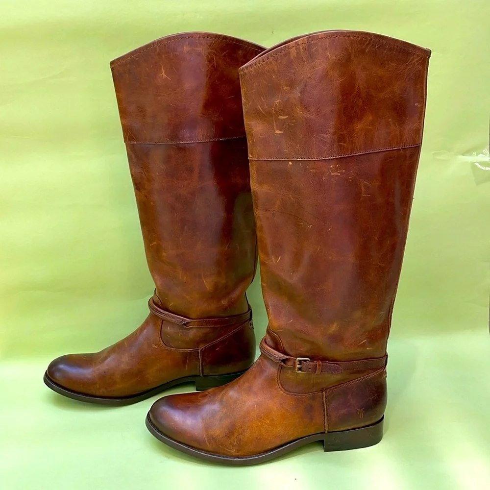 New orange brown Frye grunge leather riding boots